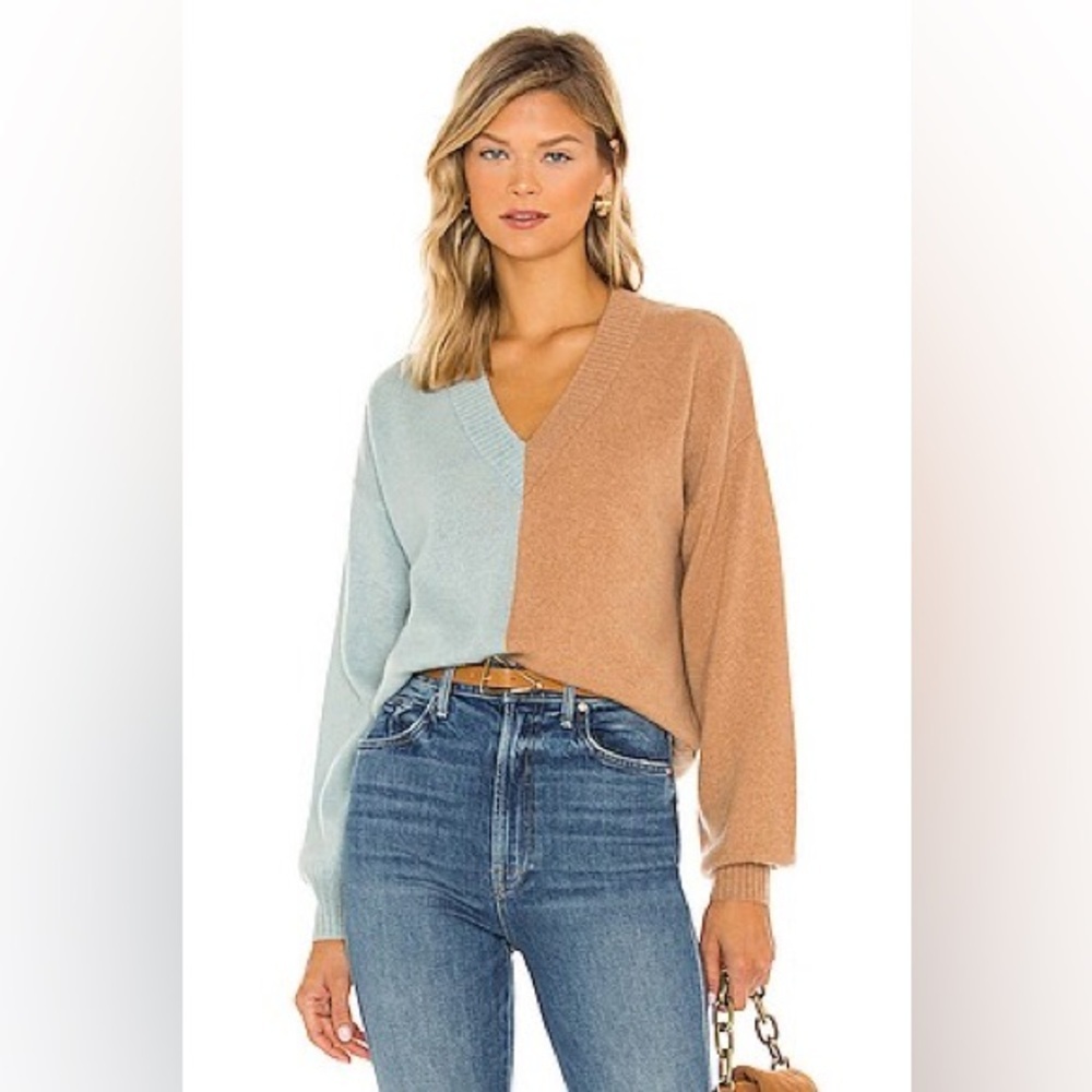 $339 Revolve Simone Color Block Cashmere Sweater Lagoon & Mocha 27 MILES MALIBU